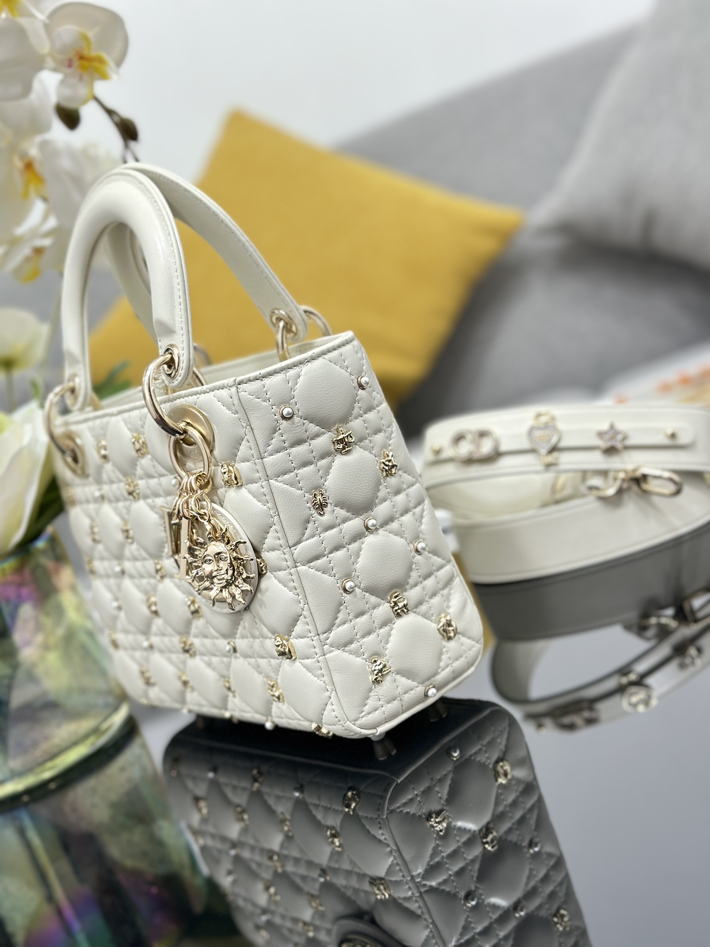 Small Lady Dior Bag White Lambskin with Star Sign Nail